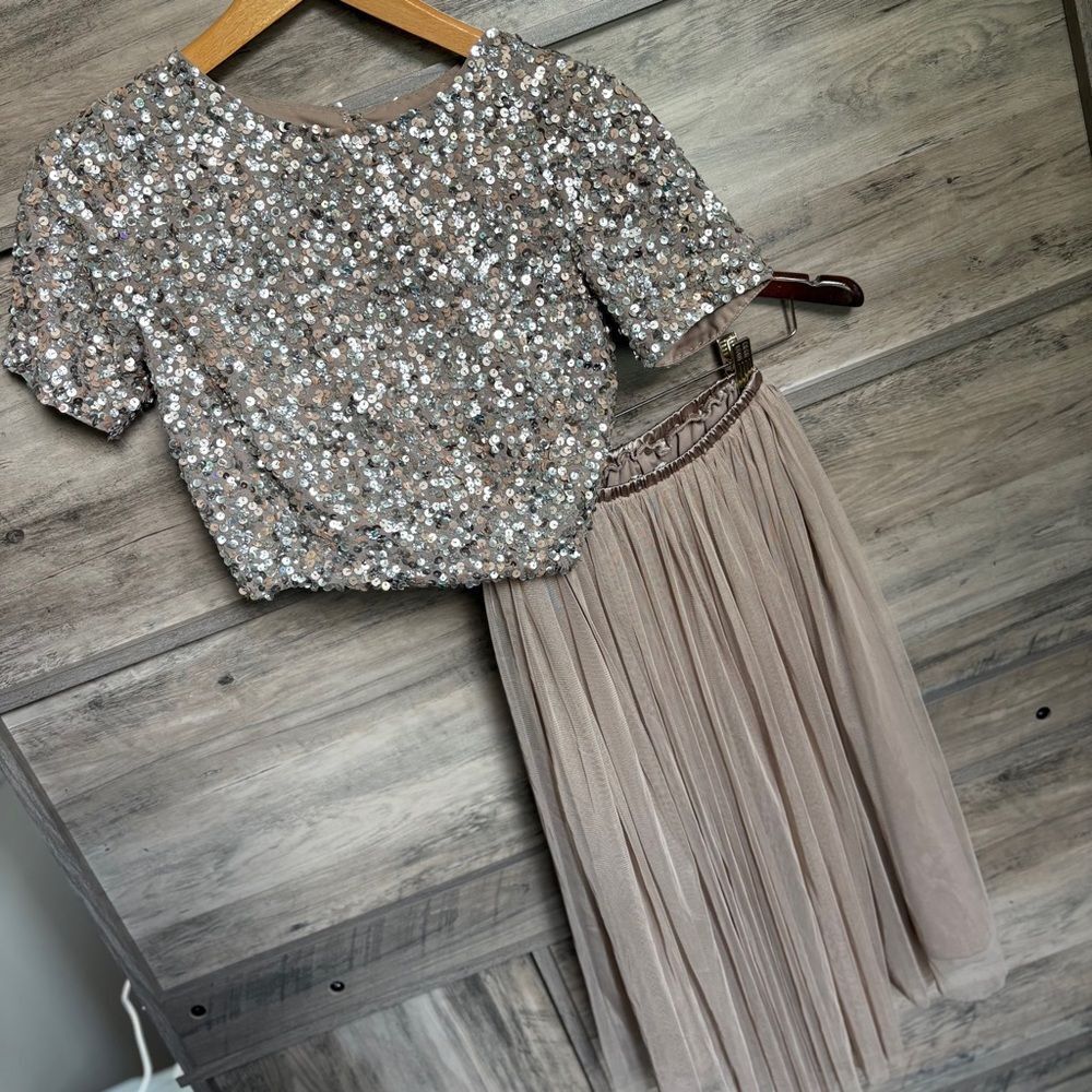 Lace & Beads 6 Open Back Sequin Top Flowy Skirt Set Nude Tan Silver Luxury Glam